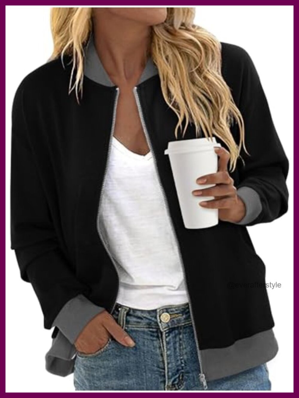 Women's Zip Up Bomber Jacket Long Sleeve Casual Fall Coat with Pockets